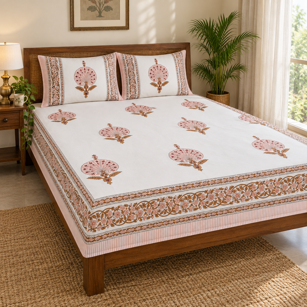 Pink Peacock Motif Bedsheet Set, on a made double bed in a bright bedroom