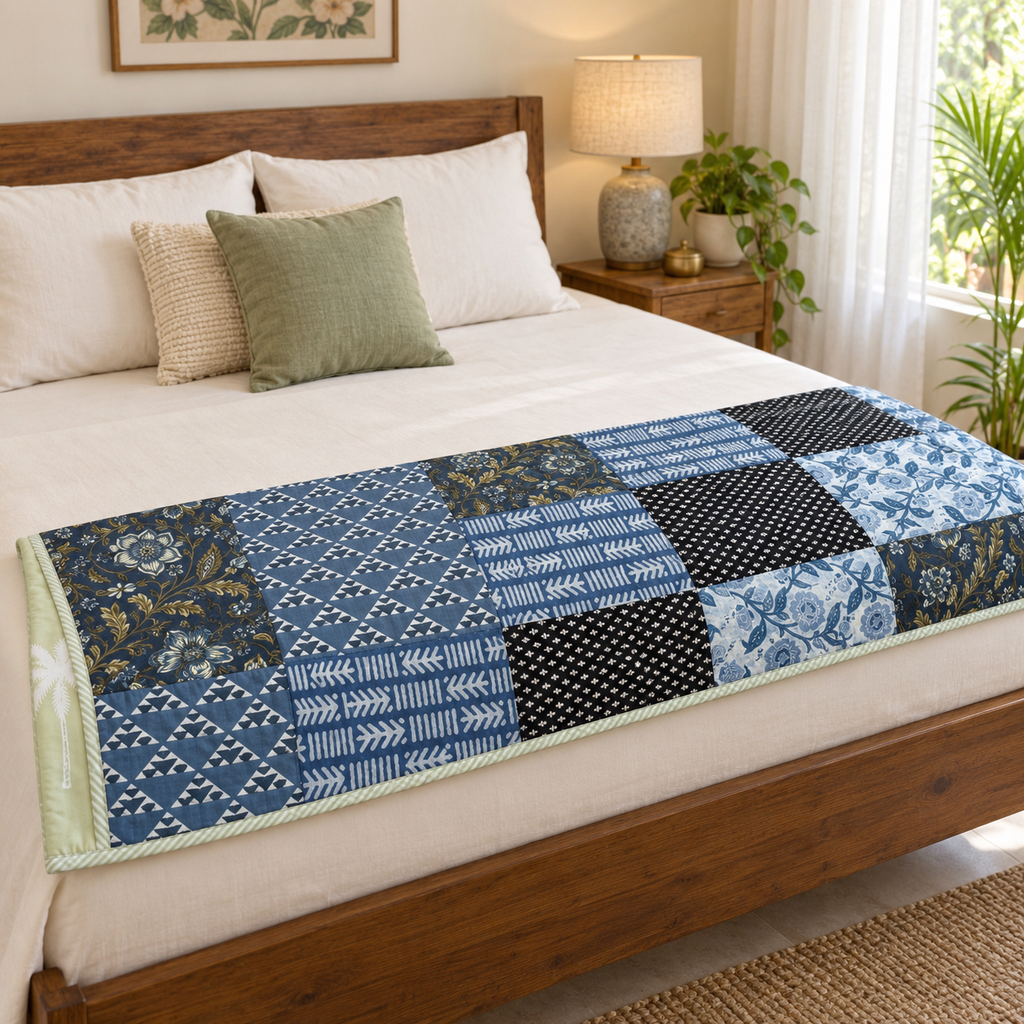 Blue Patchwork Dohar, folded at the foot of a made bed