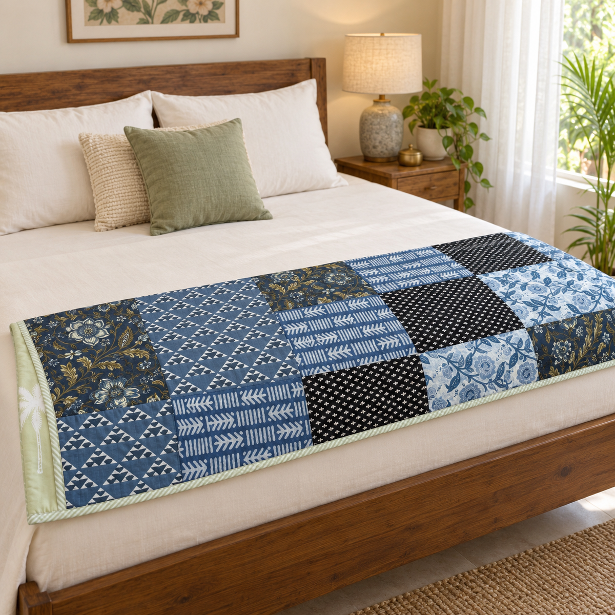 Blue Patchwork Dohar, folded at the foot of a made bed