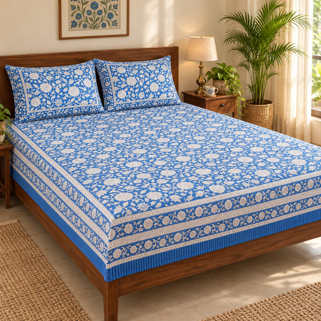 Blue Floral Jaal Bedsheet Set, on a made double bed in a bright bedroom