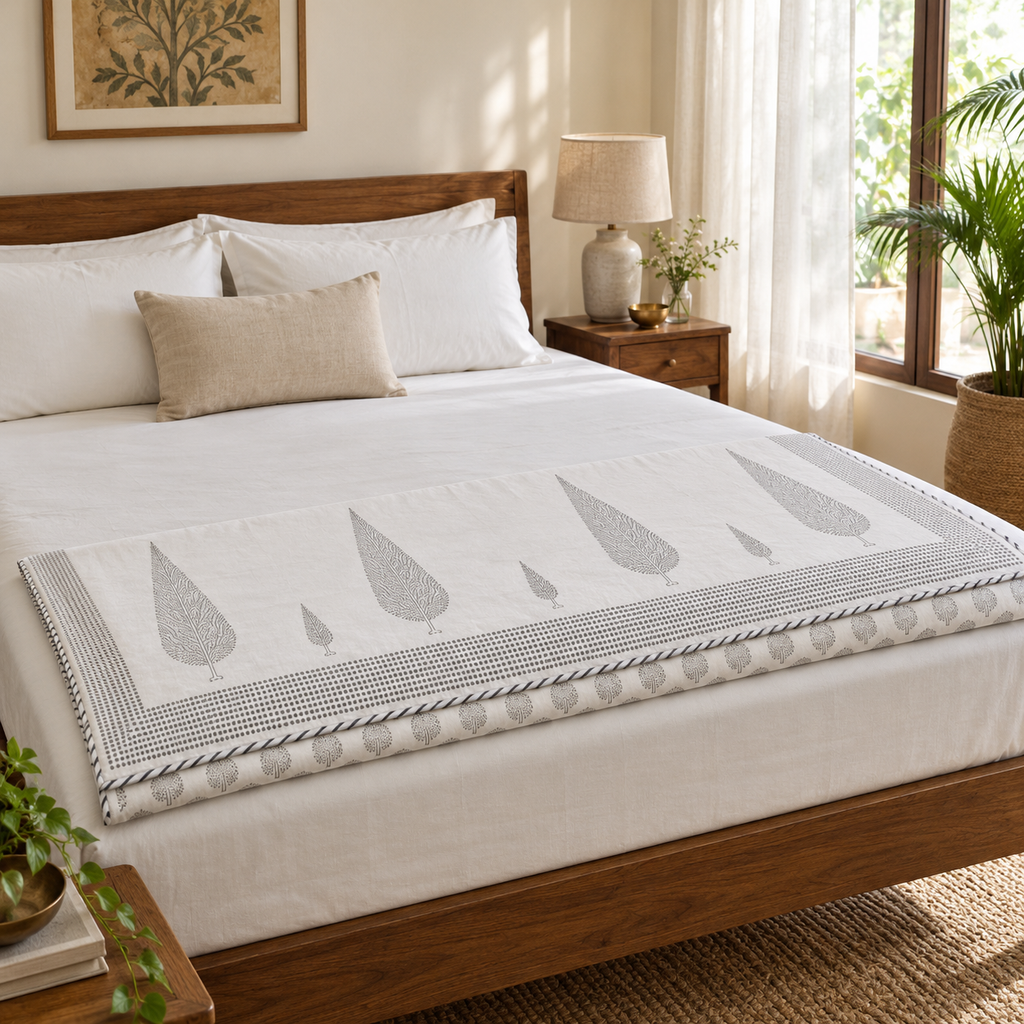 Grey Cypress Dohar, folded at the foot of a made bed