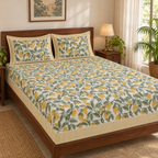 Lemon Print Bedsheet Set, on a made double bed in a bright bedroom