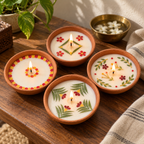 Medium Soy Wax Diyas with Flower Petals, Set of 4, on a teak console in daylight
