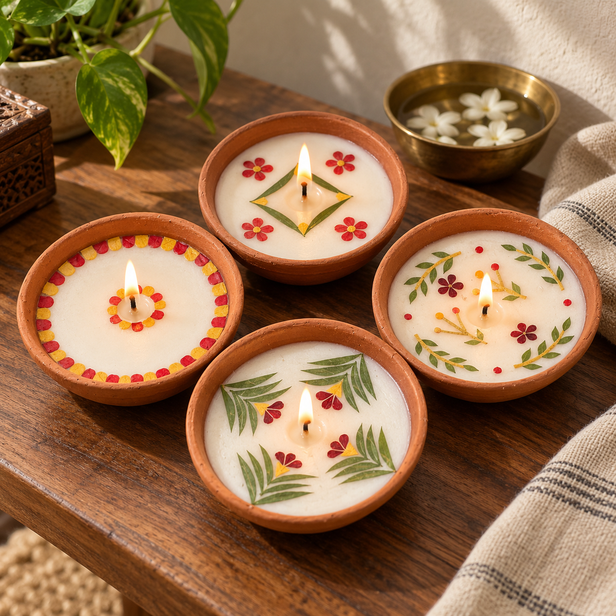 Medium Soy Wax Diyas with Flower Petals, Set of 4, on a teak console in daylight