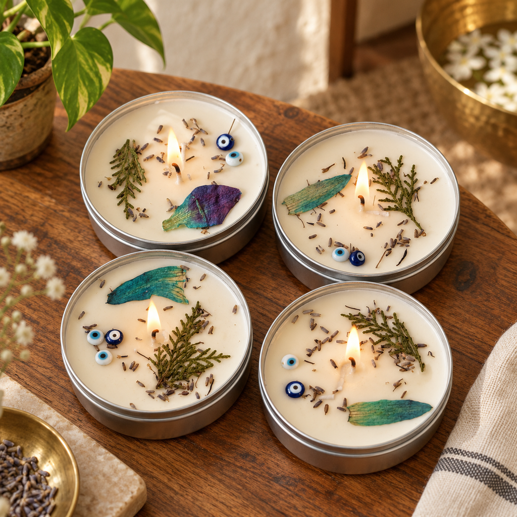 Evil-Eye Lavender Soy Wax Tin Candles, Set of 4, on a teak console in daylight