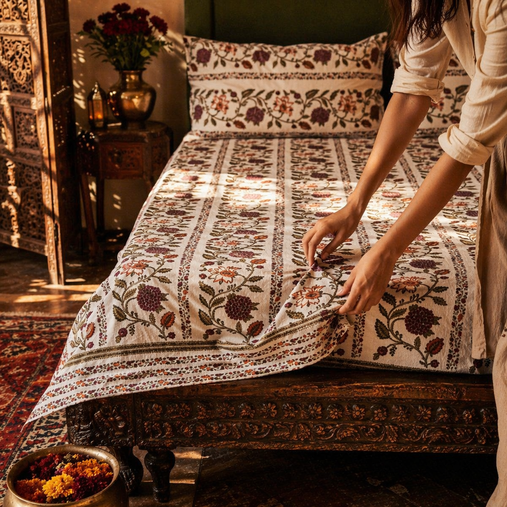 Bel Bagh: Hand Block-Printed Cotton Bedsheet, King Size with 2 Pillow Covers, The Linen Room. Handmade in India by House of Taraasha.