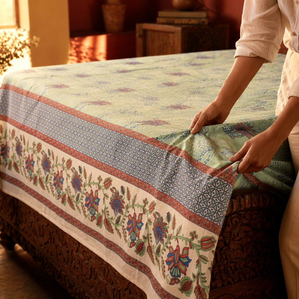 Firozi Bagh: Hand Block-Printed Cotton Bed Cover, 90 x 108 in, The Linen Room. Handmade in India by House of Taraasha.