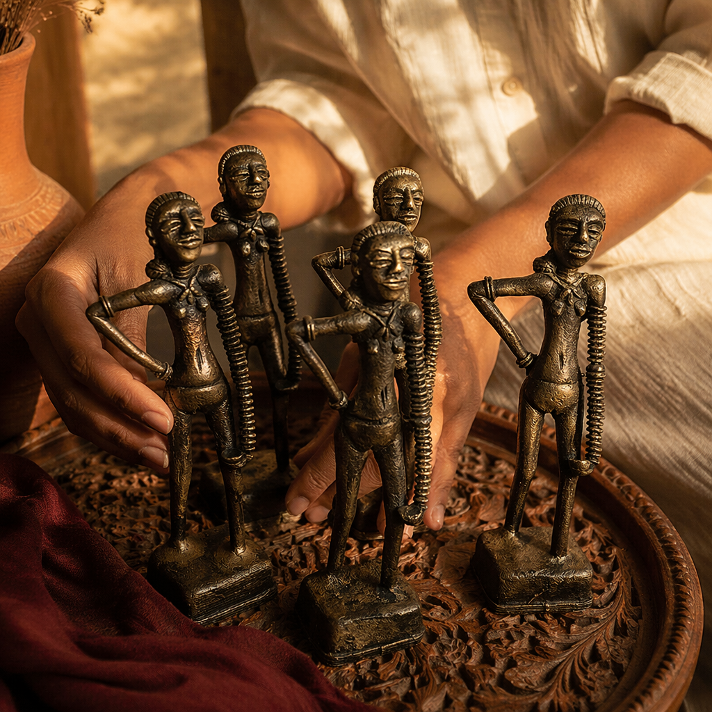 Nartaki — Mohenjo-daro Dancing Girl Statue in Dhokra Brass, Tribal Stories. Handmade in India by House of Taraasha.
