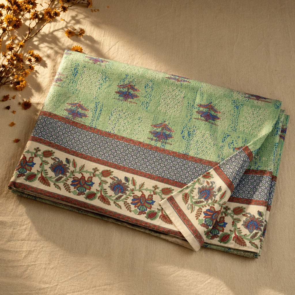 Firozi Bagh: Hand Block-Printed Cotton Bed Cover, 90 x 108 in, The Linen Room. Handmade in India by House of Taraasha.