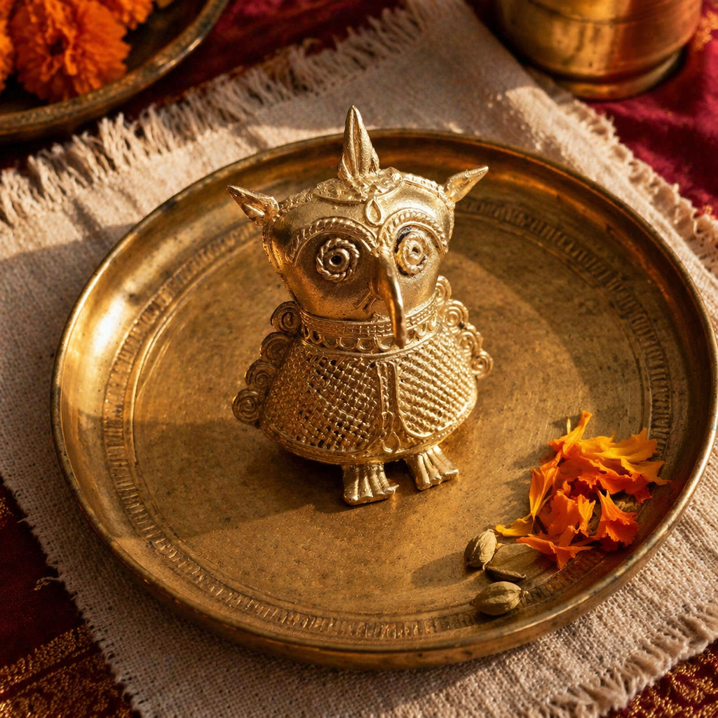 Uluka — Dhokra Brass Owl Figurine, Lost-Wax Cast, Tribal Stories. Handmade in India by House of Taraasha.