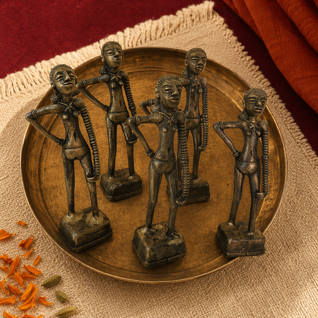 Nartaki — Mohenjo-daro Dancing Girl Statue in Dhokra Brass, Tribal Stories. Handmade in India by House of Taraasha.