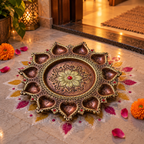 Kamalini: 11-Diya Terracotta Plate with Lotus Centre, 10.5 in