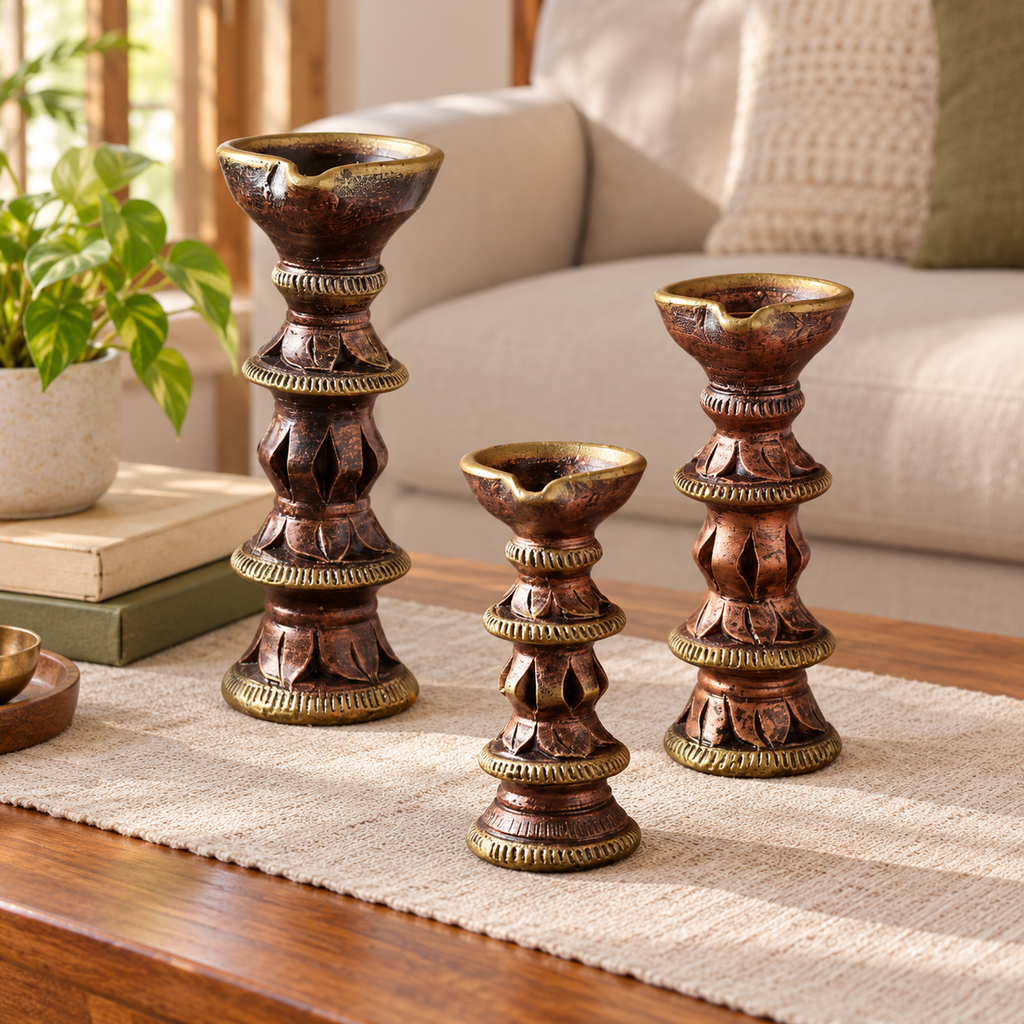 Stambh: Terracotta Pillar Candle Stands, Set of 3