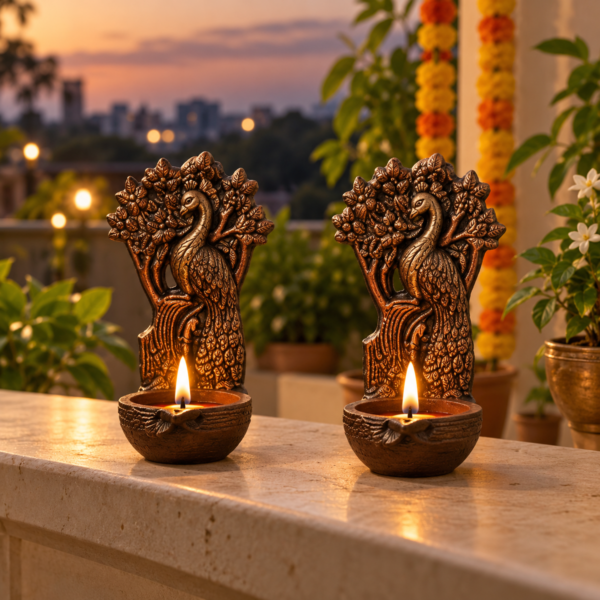 Kalpavriksh: Tree Peacock Terracotta Diya Stands, Set