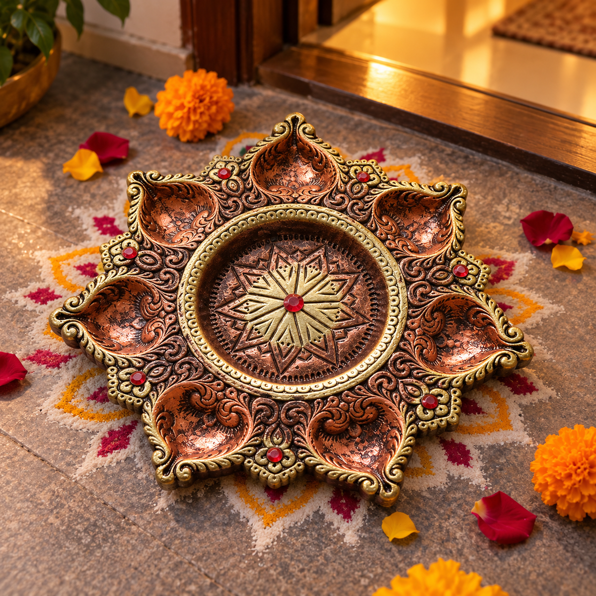 Saptadeep: 7-Diya Terracotta Plate, 9 in