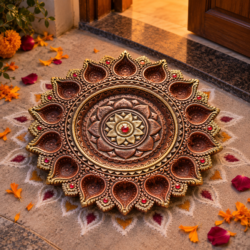 Chandrika: 14-Diya Terracotta Plate, 13 in