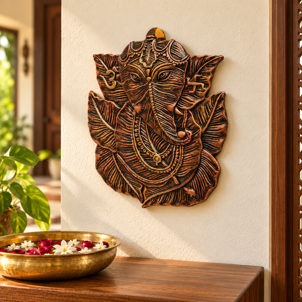 Vinayak: Ganesha Leaf Terracotta Wall Plate, 9 in