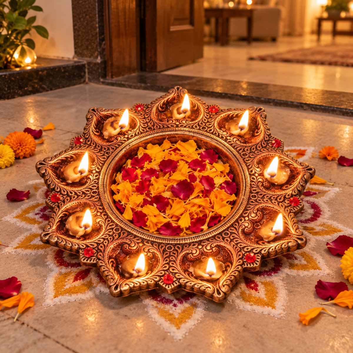 Arati: 9-Diya Terracotta Plate, 9 in