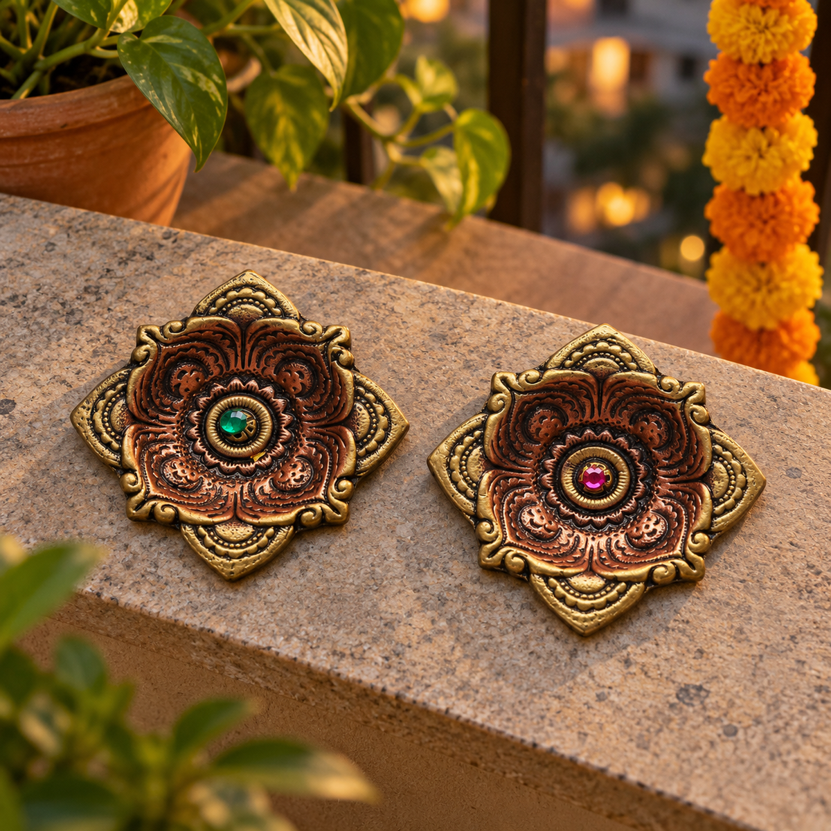 Chaukor: Large Square Terracotta Diyas, 5.5 in, Set of 2