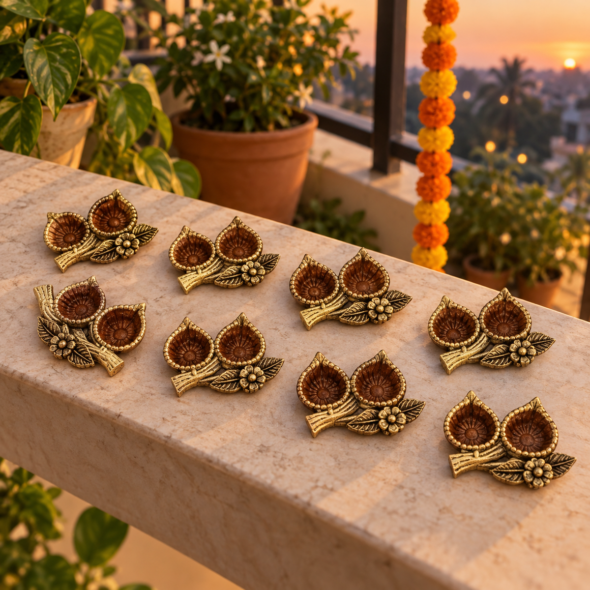 Patti: Twin Leaf Terracotta Diyas, Set of 12 or 8