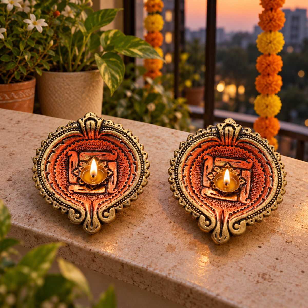 Mangal: Large Swastik Terracotta Diyas, 6 in, Set of 2