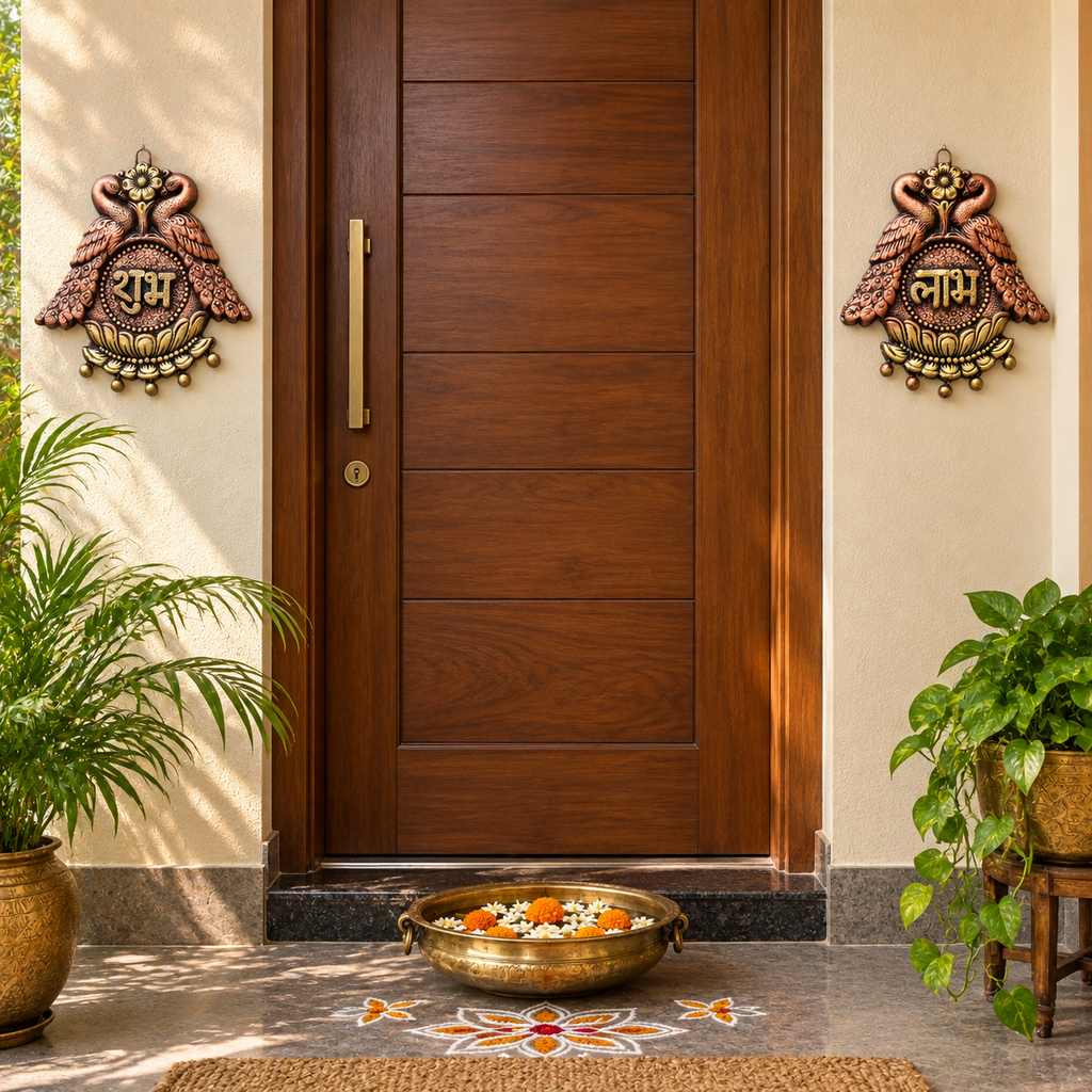 Mayur Yugal: Double Peacock Shubh Labh Terracotta Hangings