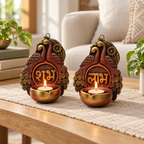 Shubh Labh Mor: Peacock Shubh Labh Terracotta Diya Holders, Set of 2