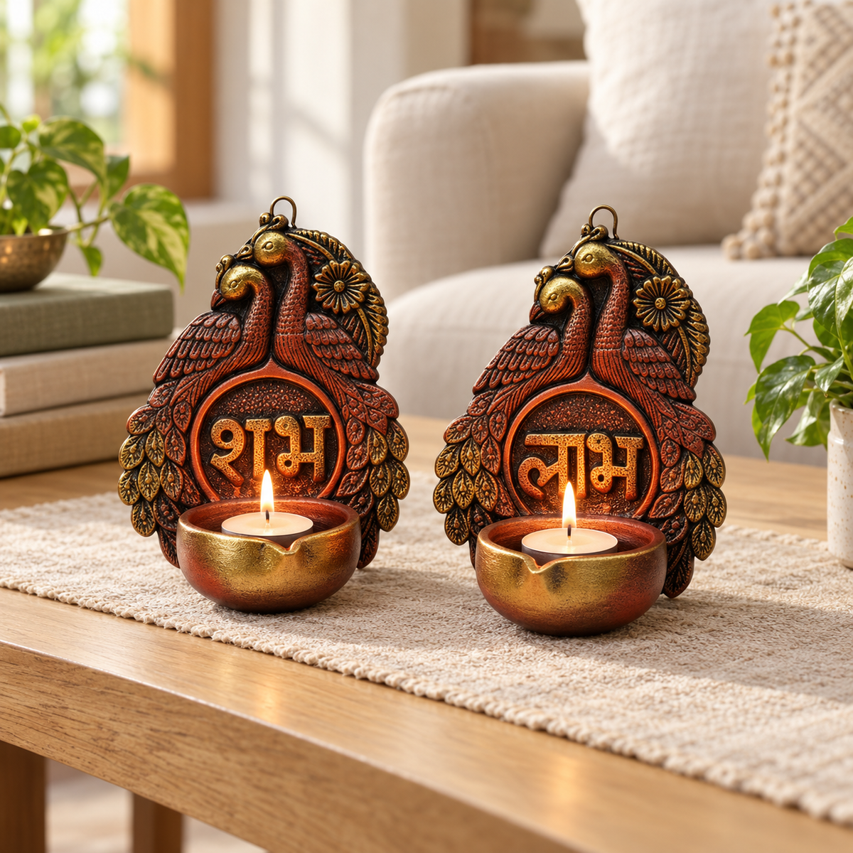 Shubh Labh Mor: Peacock Shubh Labh Terracotta Diya Holders, Set of 2